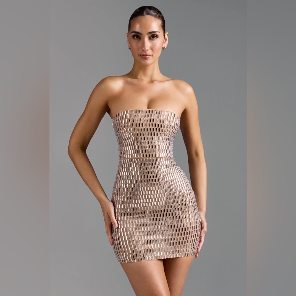 OH POLLY - Aurora Embellished Bandeau Mini Dress in Almond - US 14/UK 18